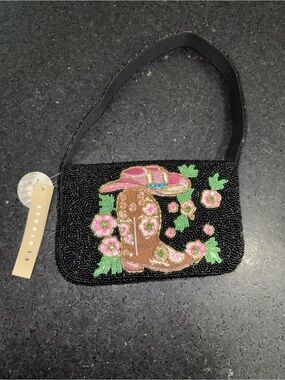 NEW Studio 12 Black Beaded Shoulder Bag Pink Floral Cowboy Boots & Hat VIRAL BAG